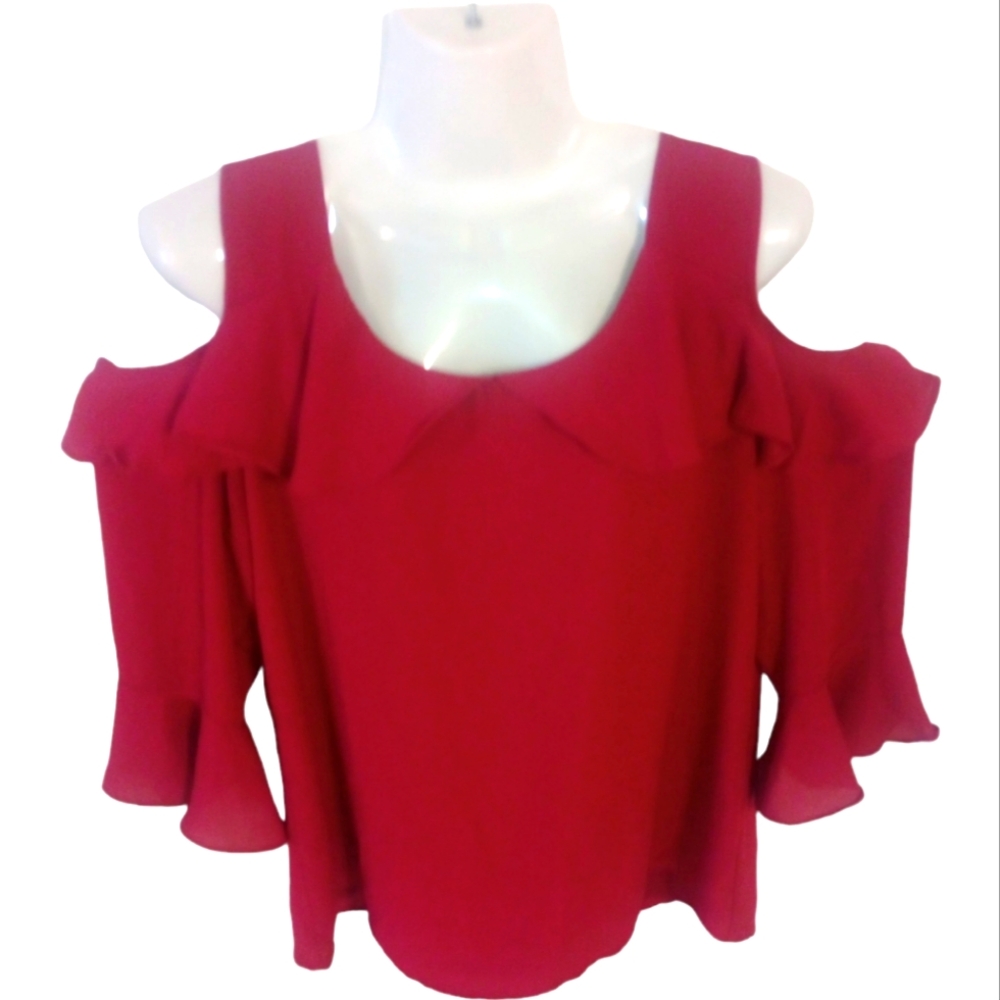 Roz & Ali Cold Shoulder Ruffle Blouse - Size Medium